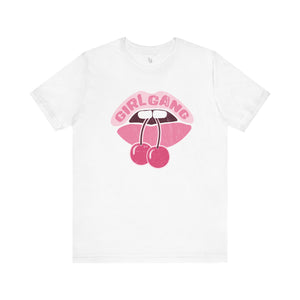 White t-shirt with pink graphic design and 'GIRL GANG' text on a white background
