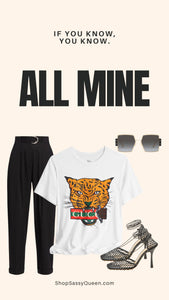 All Mine Street Style Graphic Tee promotional image with outfit flat lay, black pants, sunglasses, and heels – bold minimalist fashion ad
