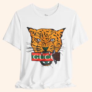 Close-up of All Mine Street Style Graphic Tee showing bold orange tiger artwork on soft white cotton shirt, modern streetwear fashion