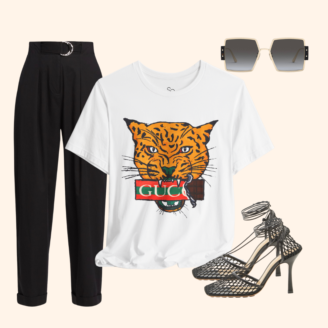 All Mine Street Style Graphic Tee styled with black trousers, strappy heels, and sunglasses  modern going out outfit inspo for women