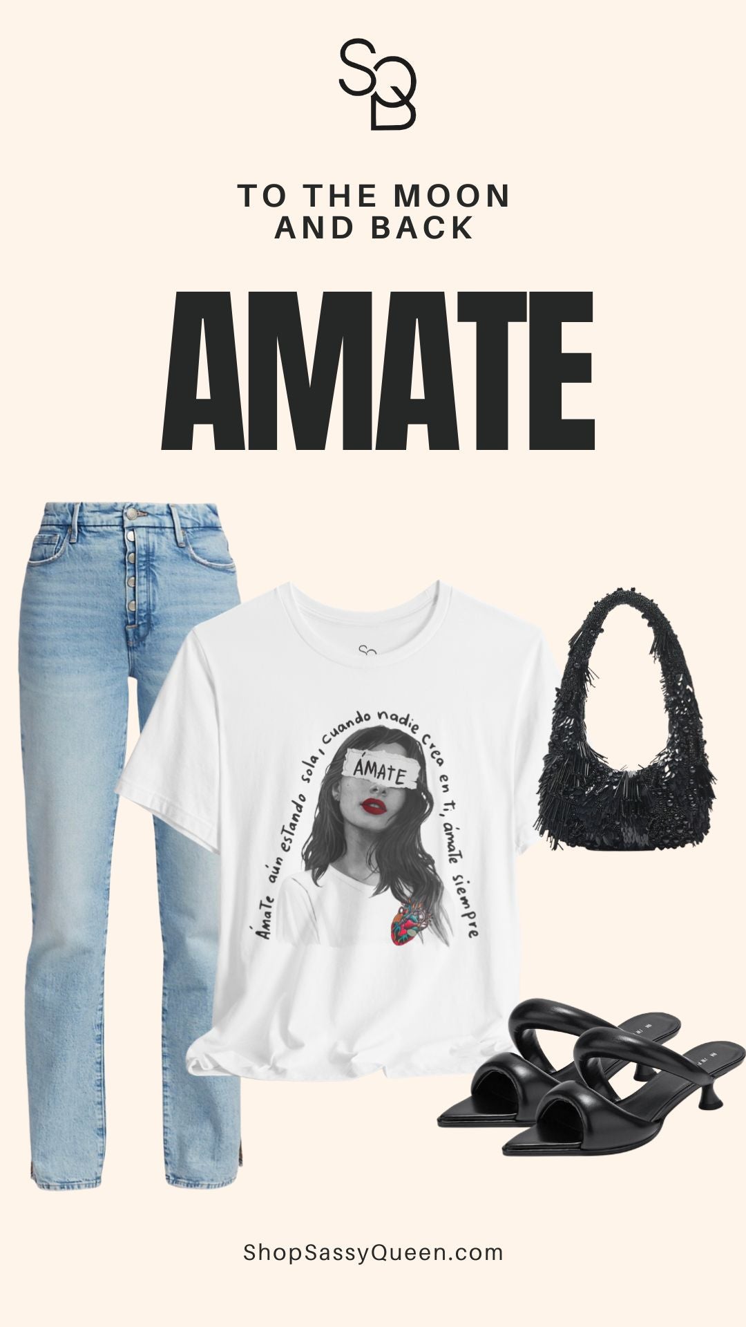Styled flat lay showing Amate t-shirt paired with jeans, black heeled sandals, and a textured handbag, creating a chic everyday outfit idea.