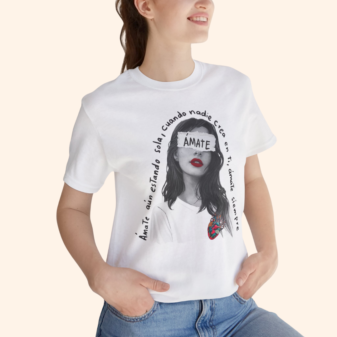 Close-up of model wearing Amate tee, featuring visible Spanish quote and red lips detail, emphasizing self love and empowerment theme.