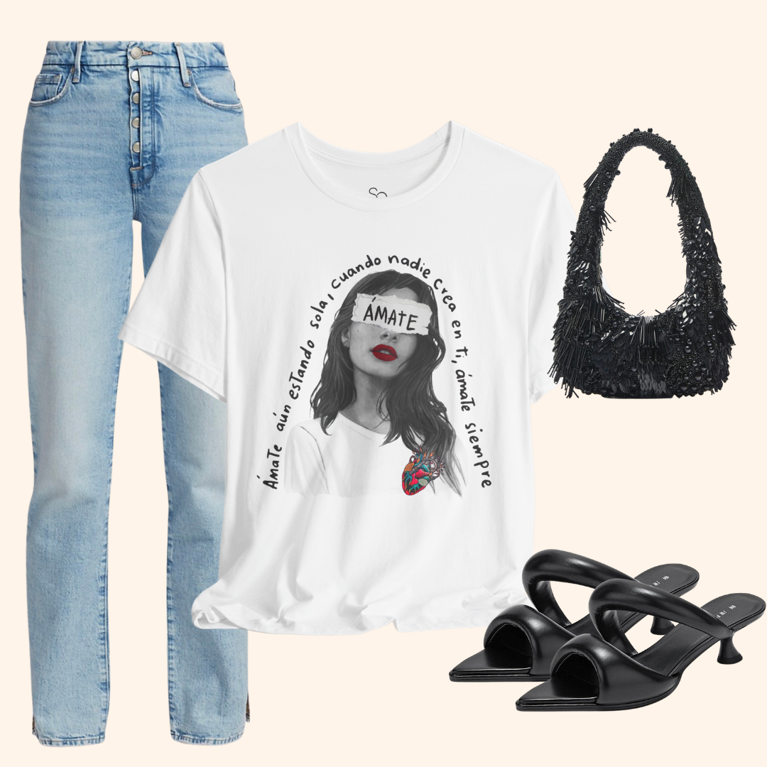 Styled flat lay showing Amate t-shirt paired with jeans, black heeled sandals, and a textured handbag, creating a chic everyday outfit idea.