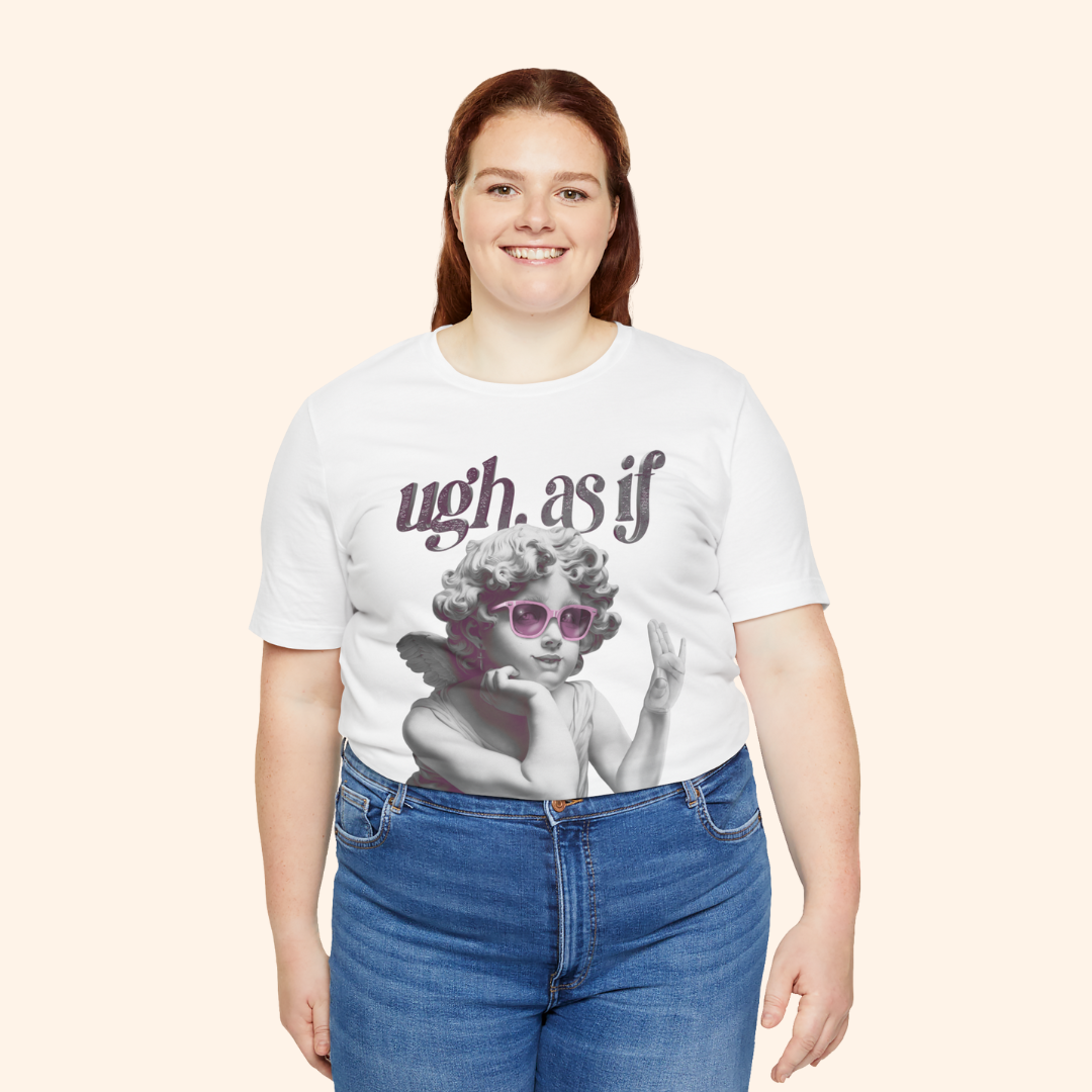 Plus-size model wearing white streetwear graphic t-shirt with “ugh. as if” design, demonstrating inclusive sizing and comfortable relaxed fit.