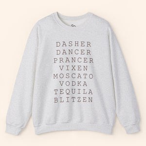 Solo product shot of the heather gray Reindeer Fun sweatshirt laid flat on a neutral background; ribbed crewneck, long sleeves, and stacked black text centered across the chest.