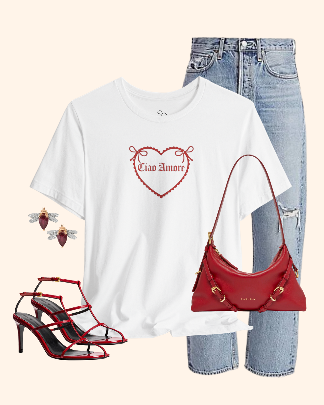 Styled promotional image featuring the Ciao Amore t shirt paired with denim and red accessories.