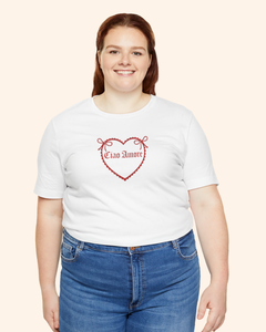 Plus size model wearing white heart graphic t shirt styled casually, highlighting inclusive fit and comfort.