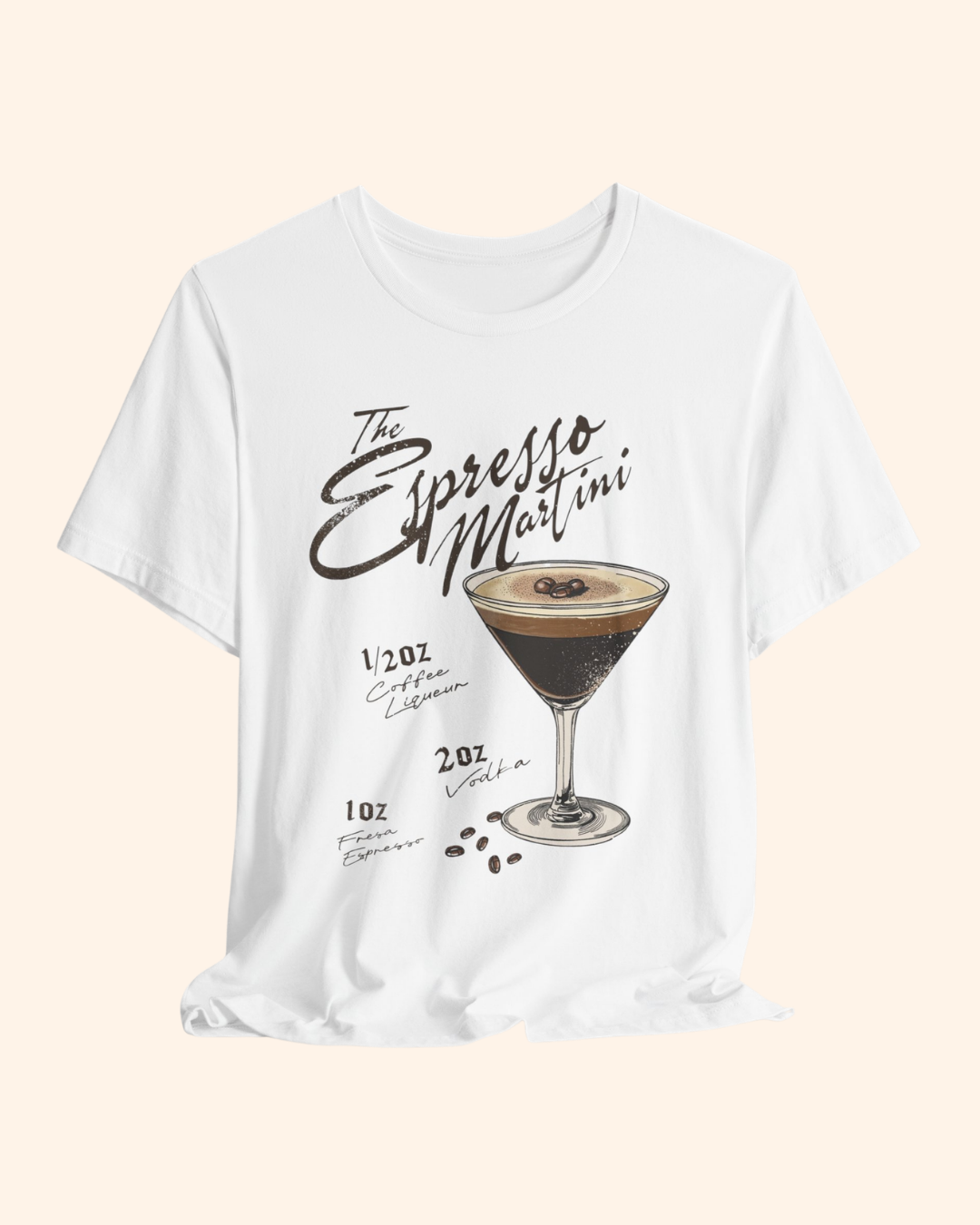 Espresso martini graphic t-shirt with vintage cocktail recipe artwork