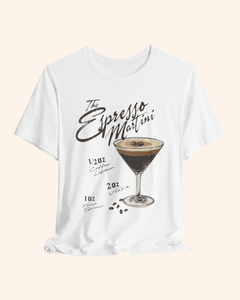 Espresso martini graphic t-shirt with vintage cocktail recipe artwork