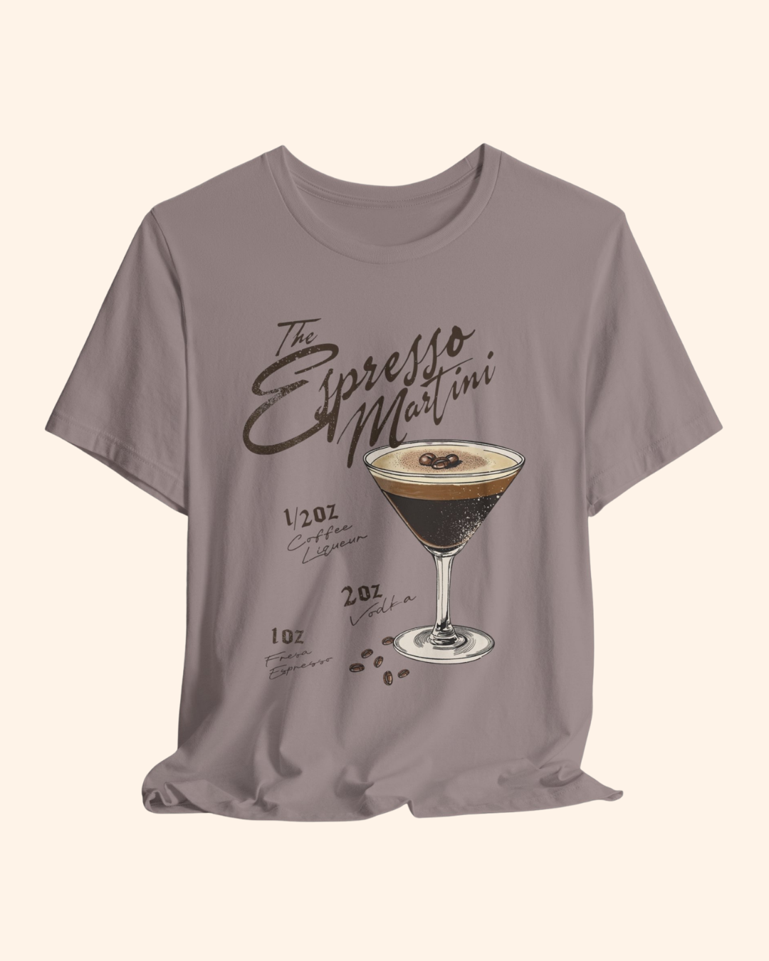 Espresso martini graphic t-shirt with vintage cocktail recipe artwork