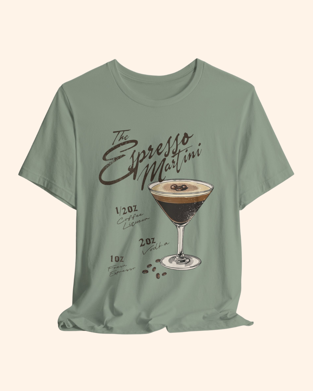 Espresso martini graphic t-shirt with vintage cocktail recipe artwork