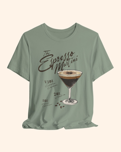 Espresso martini graphic t-shirt with vintage cocktail recipe artwork