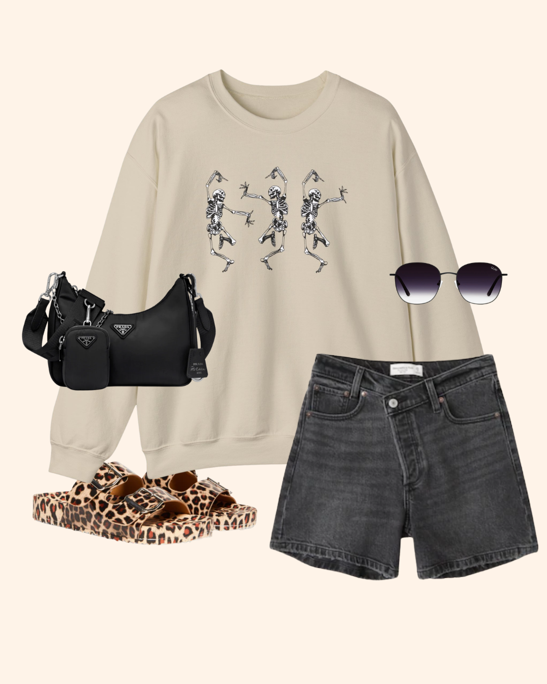 Sand Three Is Company crewneck sweatshirt styled with black denim shorts and leopard shoes
