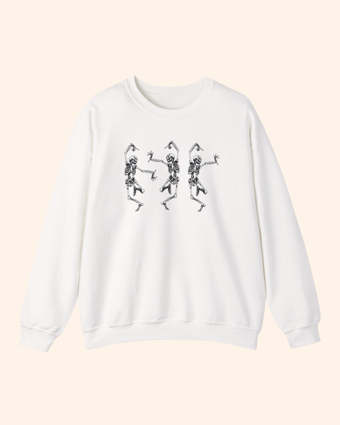 White dancing skeletons crewneck sweatshirt front product mockup