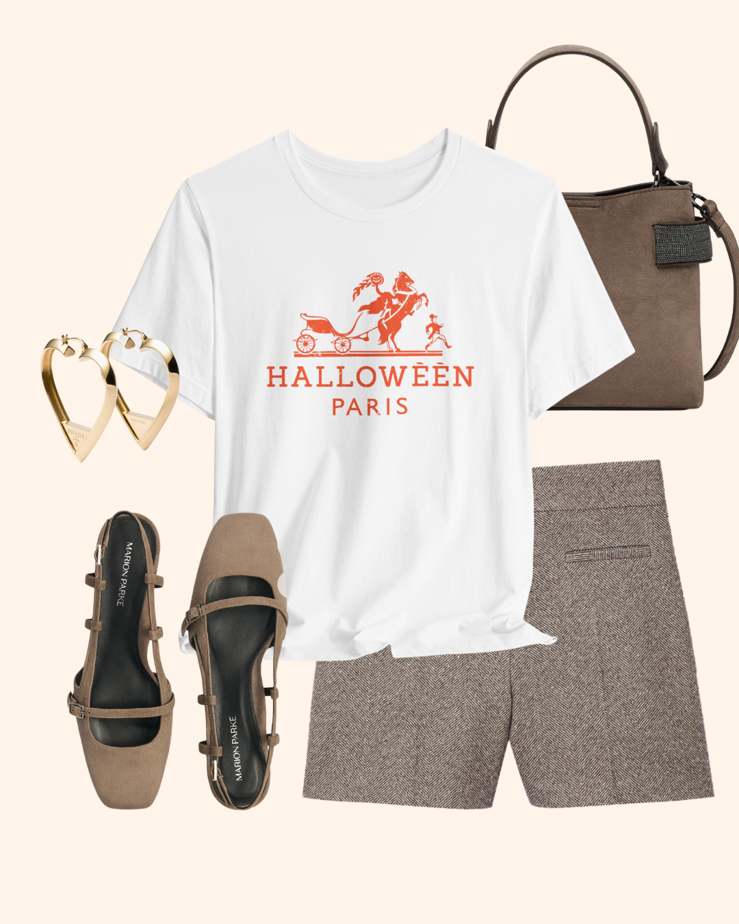 White Midnight in Paris Halloween graphic tee styled with brown accessories and tailored shorts