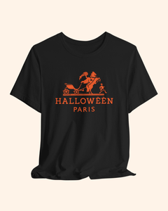 Black Midnight in Paris graphic tee with Halloween Paris carriage artwork