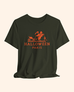 Dark Olive Midnight in Paris graphic tee with coral-orange Halloween Paris design