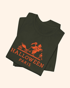 Folded Dark Olive Midnight in Paris graphic tee with Halloween Paris artwork