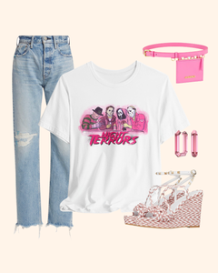 White Night Terrors retro horror graphic tee styled with denim and pink accessories
