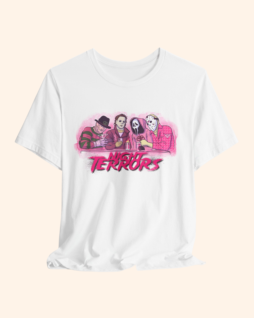 White Night Terrors retro horror graphic tee front product mockup