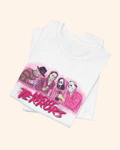 Folded white Night Terrors graphic tee showing the distressed pink collage design