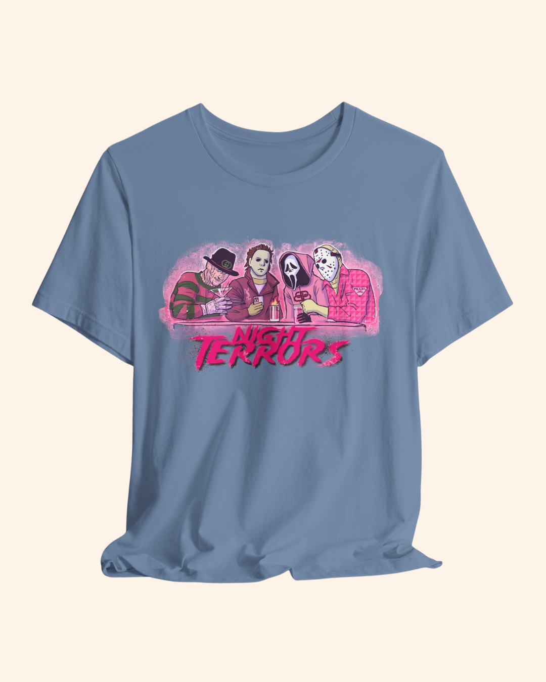 Steel Blue Night Terrors graphic tee with distressed pink monochrome collage