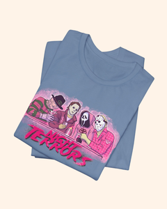 Folded Steel Blue Night Terrors graphic tee with pink monochrome artwork
