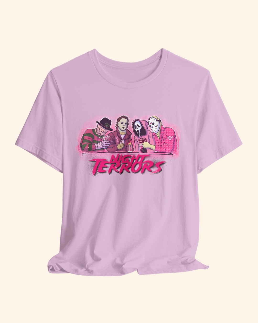 Lilac Night Terrors graphic tee with distressed pink monochrome collage