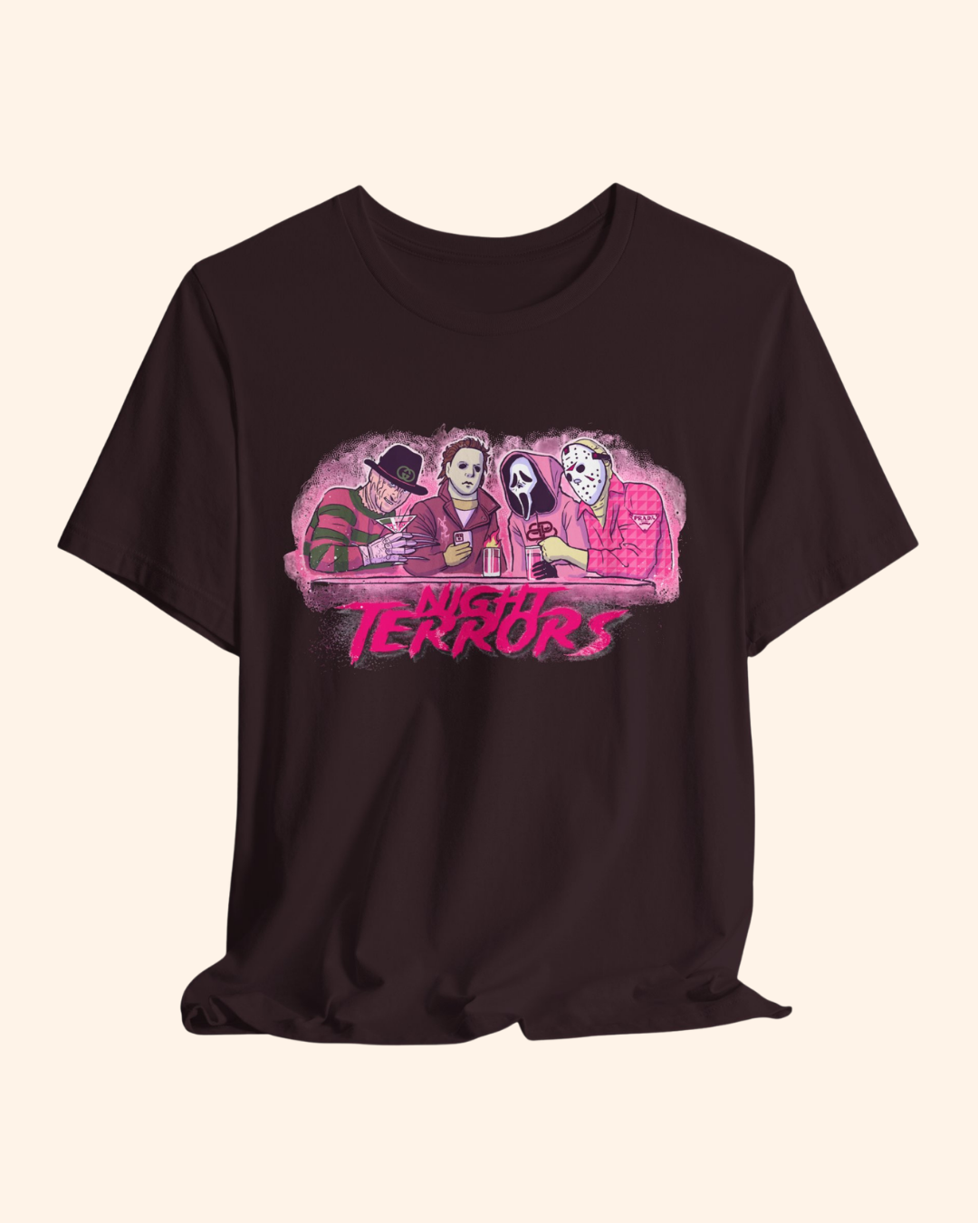 Oxblood Black Night Terrors graphic tee with distressed pink monochrome collage