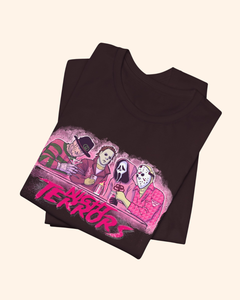 Folded Oxblood Black Night Terrors graphic tee with pink monochrome artwork