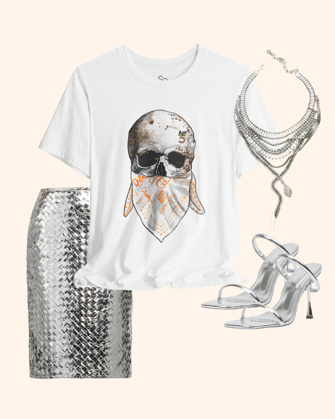 White All or Nothing fashion skull graphic tee styled with silver accessories