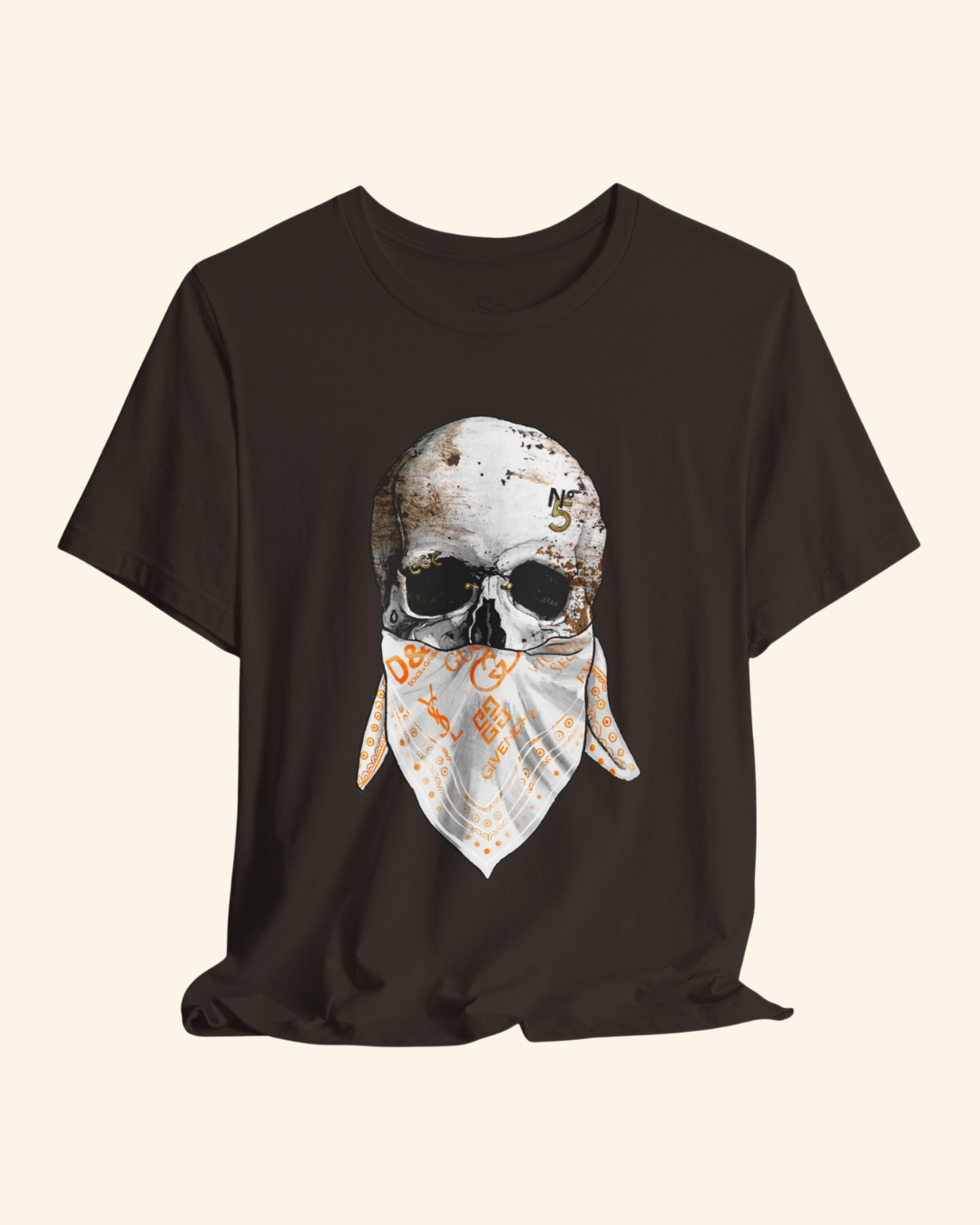 Brown All or Nothing fashion skull graphic tee front product mockup