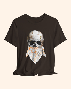 Brown All or Nothing fashion skull graphic tee front product mockup