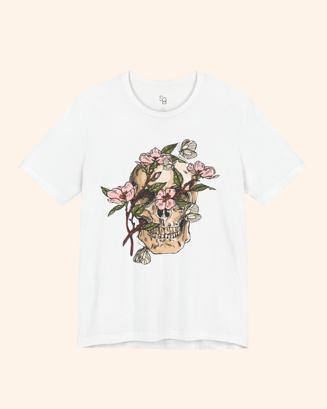 White Spring With You botanical skull graphic tee front product mockup