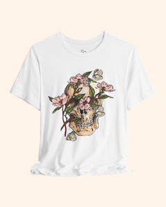 White Spring With You botanical skull graphic tee draped product mockup
