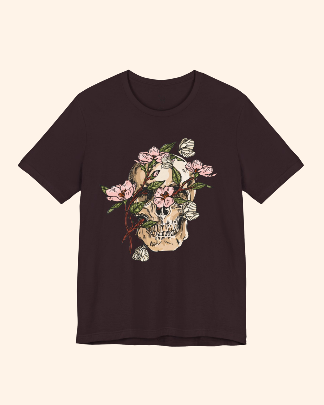 Oxblood Black Spring With You botanical skull graphic tee front product mockup
