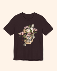 Oxblood Black Spring With You botanical skull graphic tee front product mockup