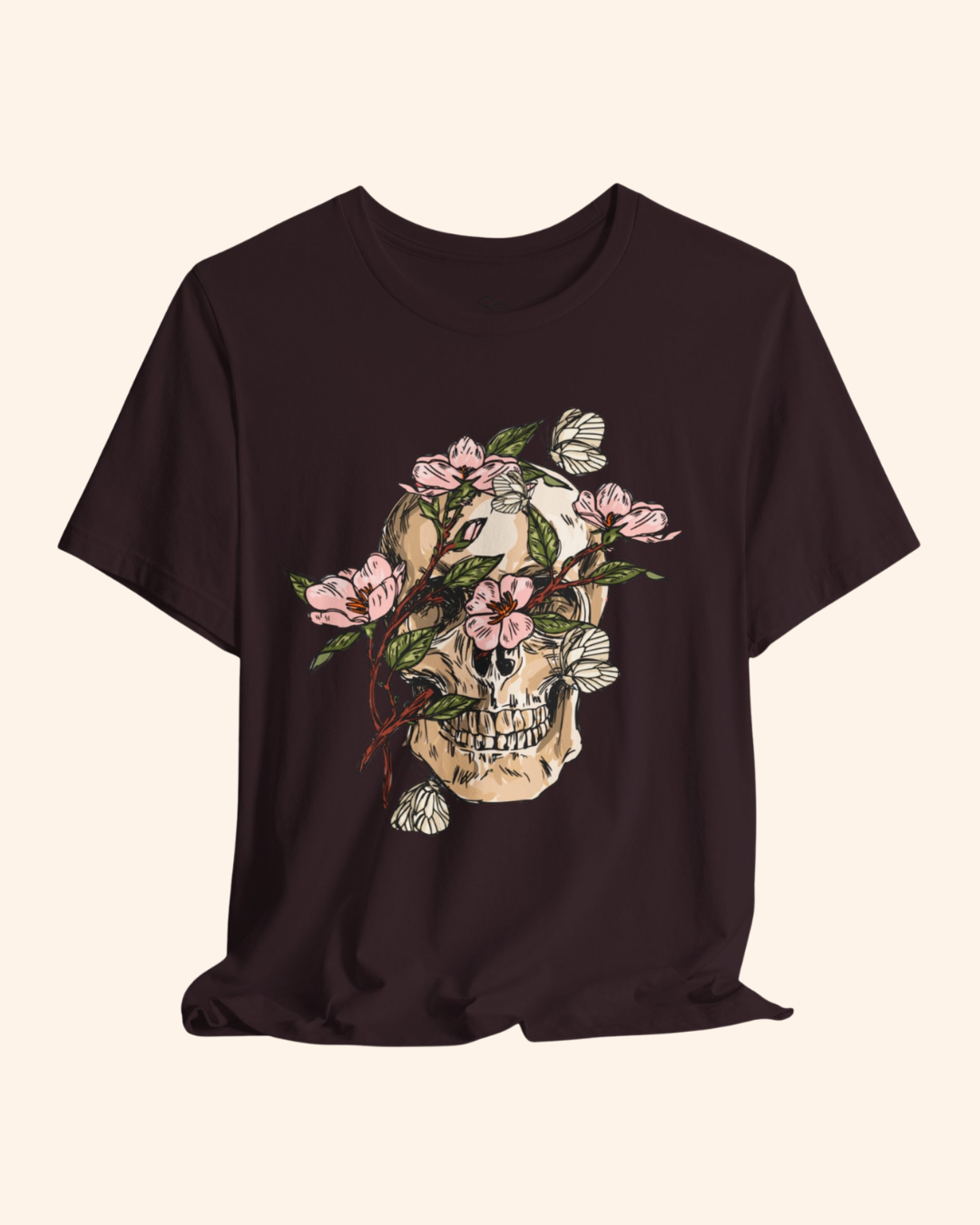 Oxblood Black Spring With You botanical skull graphic tee draped product mockup