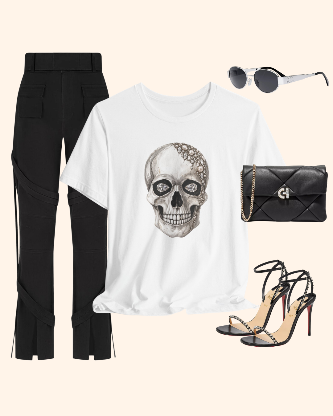 White Shine Bright jeweled skull graphic tee styled with black trousers and heels