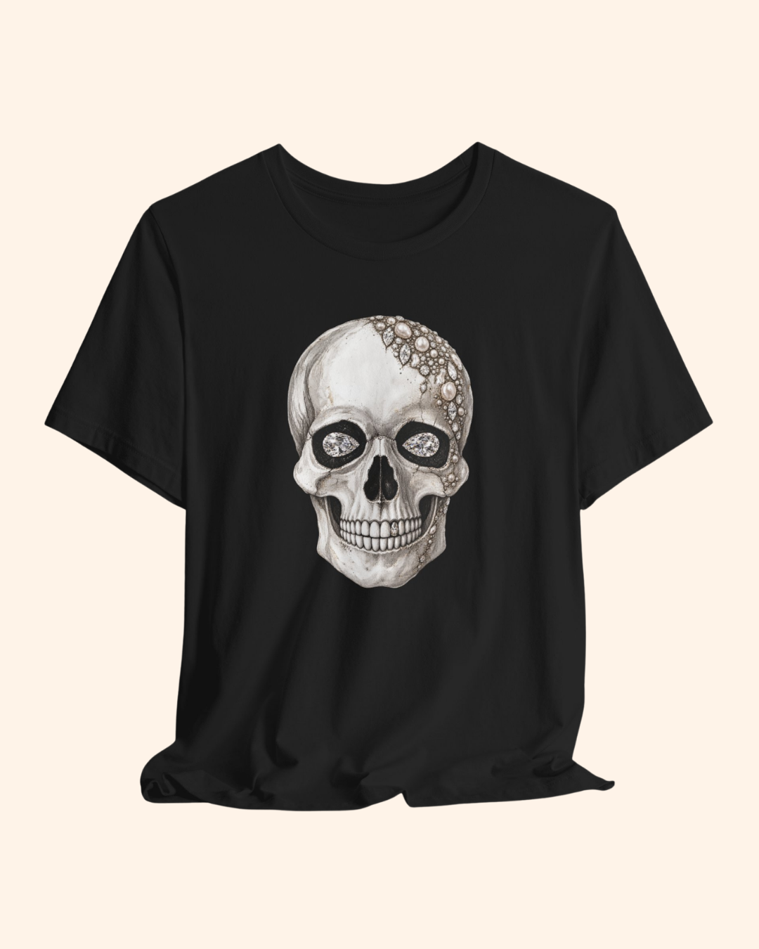 Black Shine Bright graphic tee with diamond-eye and pearl skull artwork