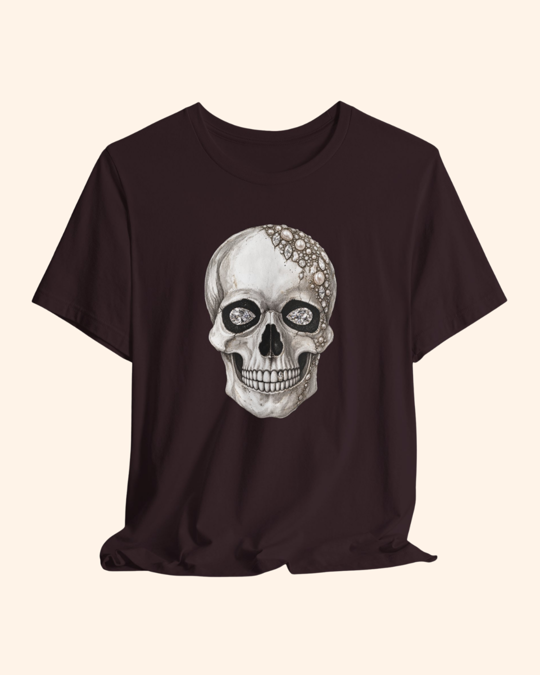 Oxblood Black Shine Bright jeweled skull graphic tee front product mockup