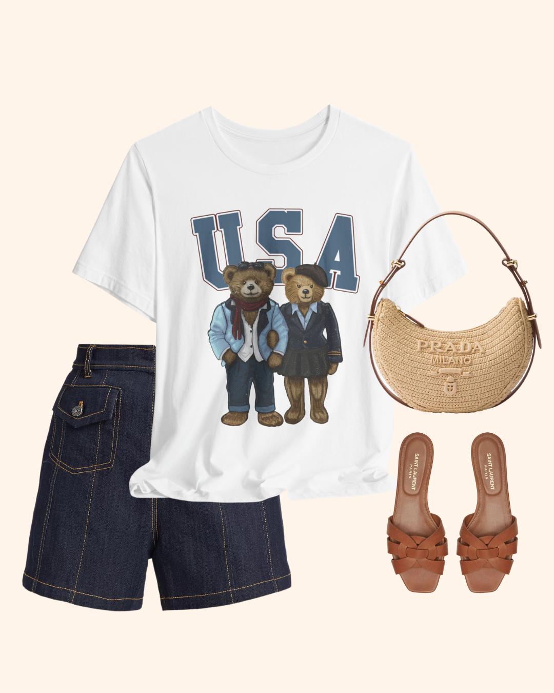 Two teddy bears beneath USA lettering on a patriotic graphic T-shirt, product image 1