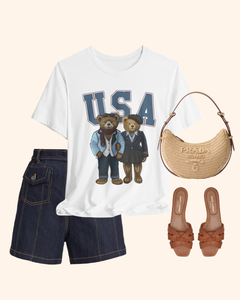 Two teddy bears beneath USA lettering on a patriotic graphic T-shirt, product image 1