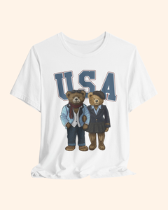 Two teddy bears beneath USA lettering on a patriotic graphic T-shirt, product image 5