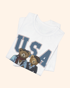 Two teddy bears beneath USA lettering on a patriotic graphic T-shirt, product image 6