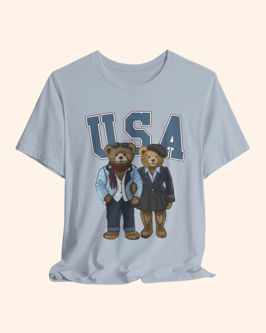 Two teddy bears beneath USA lettering on a patriotic graphic T-shirt, product image 2