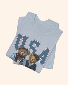Two teddy bears beneath USA lettering on a patriotic graphic T-shirt, product image 7