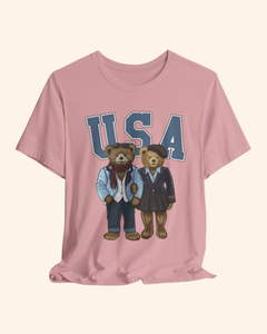 Two teddy bears beneath USA lettering on a patriotic graphic T-shirt, product image 3