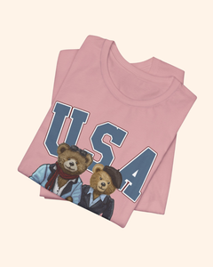 Two teddy bears beneath USA lettering on a patriotic graphic T-shirt, product image 8