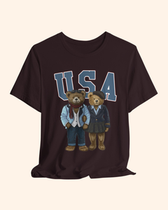 Two teddy bears beneath USA lettering on a patriotic graphic T-shirt, product image 4